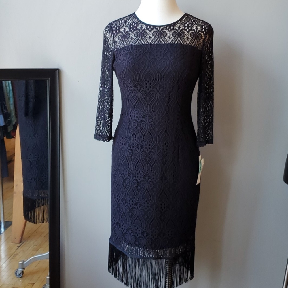London Times Black Lace Fringe Dress